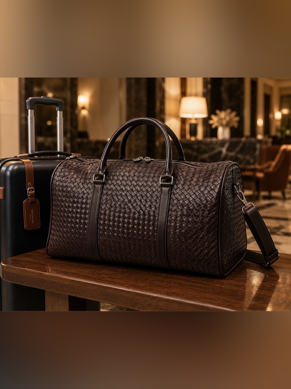 Handmade genuine Woven Leather Weekend Duffel Bag - Dark Brown